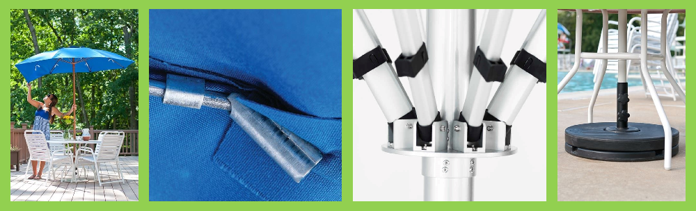 Commercial patio umbrella maintenance checks showing canopy inspection, frame hardware connections, and weighted umbrella base stability for poolside seating areas